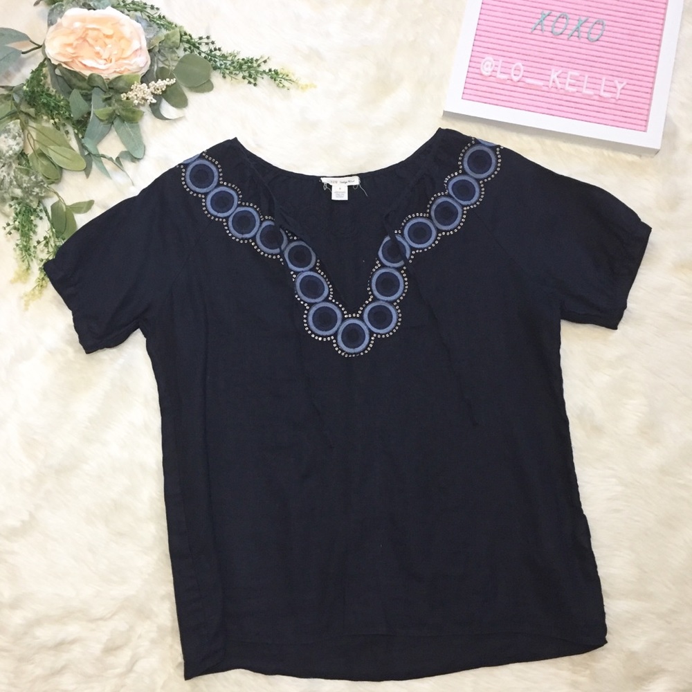 J. Crew Linen Peasant Top Navy Size 0 Zero Embellished Blouse
